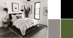 a bedroom with white walls, black and grey accents and wood flooring is featured in this color scheme