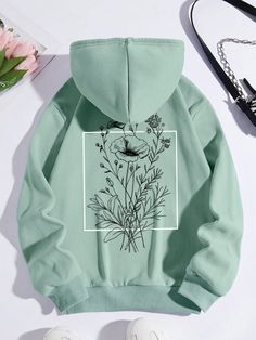 Green Casual Collar Long Sleeve Knitted Fabric Floral Pullovers Embellished Slight Stretch  Women Plus Clothing Hoodies Line Art, Sage Green Sweatshirt Nike, Plus Size Sweatshirts, Floral Pullover, Stylish Hoodies, Cute Dress Outfits, Lined Hoodie, Easy Trendy Outfits, Simple Trendy Outfits