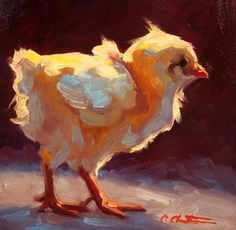 a painting of a chicken on a dark background