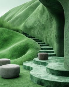 there are some steps leading up to the green hill with grass growing on it and two stools in front of them