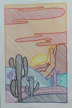 a drawing of a desert scene with cactus trees