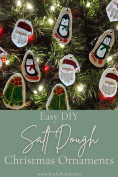 Follow step by step instructions to make salt dough Christmas ornaments.  Follow a simple recipe and make fun holiday designs including footprint penguins, Santa head handprints and mistletoes.  A fun and affordable family craft activity that you can do every holiday season! #saltdoughrecipe #saltdoughornaments #saltdoughchristmasornaments #saltdoughcrafts #diyornaments Salt Ornaments Dough, Dough Footprint Ornament, Diy Christmas Ornaments Handprint, Diy Children Christmas Ornaments, Diy Santa Handprint Ornament, Mistletoes Footprint Craft Salt Dough, Toddler Salt Dough Ornaments, Salt Dough Handprint Ornaments Recipe, Christmas Footprint Ornament