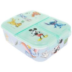 a plastic lunch box with mickey mouse pictures on the front and sides, including an insulated lid