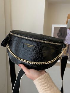 Preto Neutro Collar  Tweed Estampa de crocodilo Bolsa de cintura Embellished   Bolsa Feminina Leather Waist Bags For Women, Waist Bags For Women, Waist Bag Women, Bum Bags, Adjustable Bag, Crocodile Print, Leather Bag Women