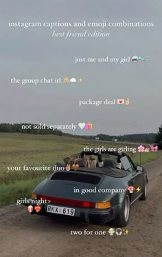 a car parked on the side of a dirt road with text above it that reads instagram captions and emoji combinations