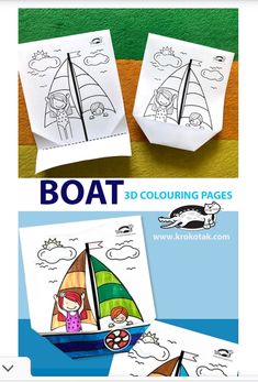 two paper boats with the words boat coloring pages on them, and an image of a cat