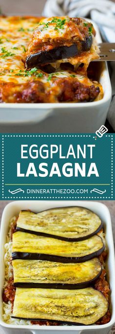 eggplant lasagna in a casserole dish with the title overlay