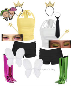 a collage of different outfits and accessories including boots, headbands, eyeliners