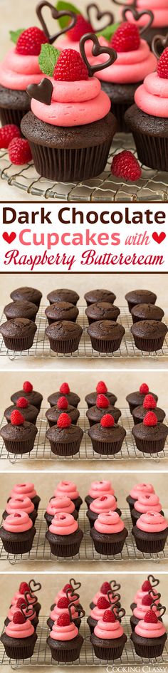 chocolate cupcakes with raspberry frosting on top and topped with strawberries