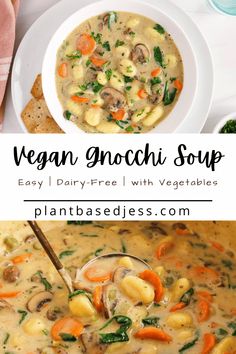 vegan gnocchi soup with vegetables in a white bowl and on a plate