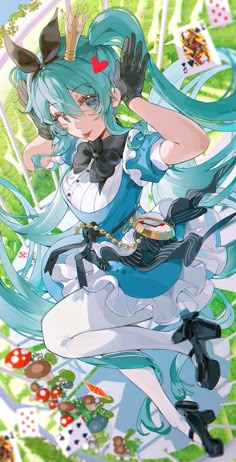 an anime character with blue hair and black gloves