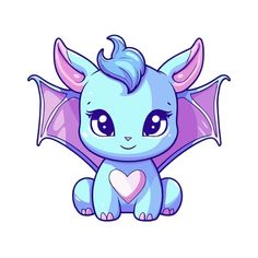 a cute little blue dragon with purple wings and hearts on its chest, sitting down