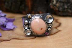 Pink Mexican Fire Opal ring in sterling silver with gemstones. Handcrafted jewelry by Corina Lunita Mexican Opal, Jewellery Display, Pink Tourmaline