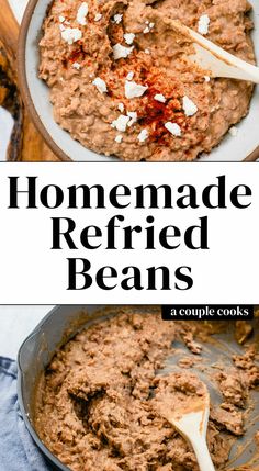 homemade refried beans recipe in a skillet with spoons and wooden utensils