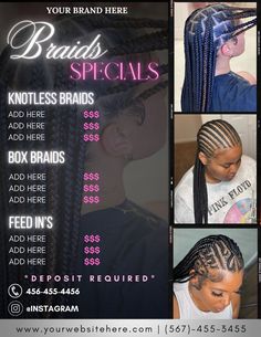 Braids Specials Price List , Canva , Digital Download, Editable - Etsy Hairstyle Price List Design, Hair Prices Ideas, Hairstylist Specials Ideas, Price List For Braids, Braiding Hair Logo Design Ideas