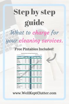 a desk with a laptop, coffee cup and phone on it text reads step by step guide what to charge for your cleaning services free printables included