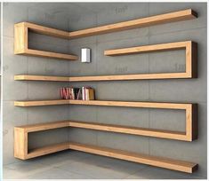 the shelves are made out of wood and have bookshelves on each shelf,