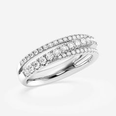 a white gold ring with three rows of diamonds