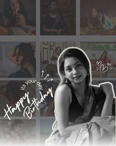 a black and white photo of a woman sitting in front of many pictures with the words happy birthday written on it