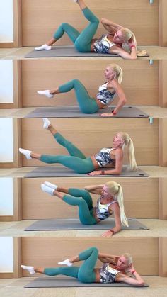 the woman is doing an exercise on her stomach