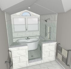 a bathroom with a tub, sink and towel rack