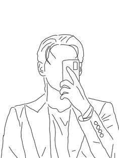 a black and white drawing of a man taking a selfie with his cell phone