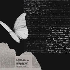 a white butterfly sitting on top of a piece of paper with writing in the background