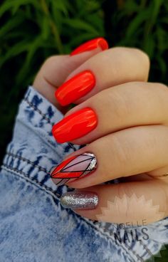 Bright Red Gel Nails, Red Gel Nails, Geometric Nail, Acrylic Coffin, Long Acrylic, Womens Nails, Creative Nails, Cute Acrylic Nails