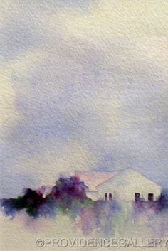 a watercolor painting of a house in the distance with trees and clouds behind it