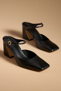 Leather upper, insole, sole Slip-on styling Imported | Square-Toe Mule Heels by Anthropologie in Black, Women's, Size: 7, Leather Luxury Pointed Toe Calf Leather Oxfords, Luxury Low Heel Mules In Calf Leather, Luxury Leather Sole Block Heels For Women, Luxury Low Heel Calf Leather Heels, Luxury Leather Shoes With Heel Strap And Almond Toe, Luxury Dress Shoes With Almond Toe And Leather Sole, Luxury Black Leather Shoes With Almond Toe, Luxury Leather Shoes With Block Heel For Evening, Luxury Open Toe Leather Shoes For Formal Occasions