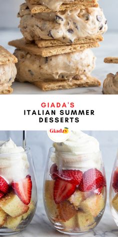 desserts in glass jars with strawberries and chocolate chip cookies on top, along with text overlay that reads glad's italian summer desserts