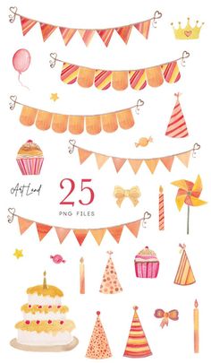 watercolor birthday card with cake and decorations