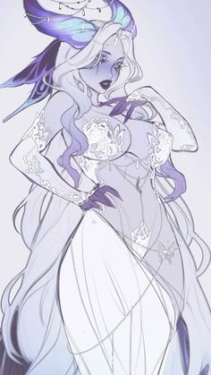 a drawing of a woman in a white dress with blue hair and wings on her head