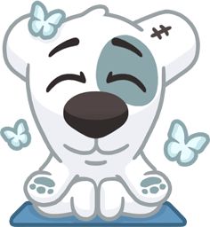 a cartoon polar bear sitting on top of a blue object with butterflies around it's neck