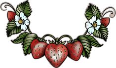 three strawberries with flowers and leaves around them