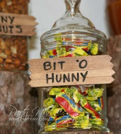 a glass jar filled with lots of candy