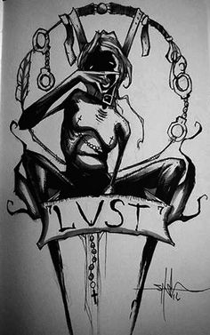 a black and white drawing of a woman sitting on top of a sign with chains around her neck