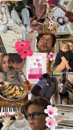 a collage of photos with people, food and flowers on them in various frames