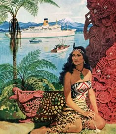 a woman sitting on the ground next to a body of water with a boat in the background