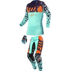 the fox racing suit is shown in blue, orange and white colors with an animal print on