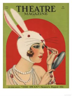 an advertisement for theatre magazine featuring a woman with bunny ears and pearls on her head