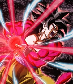 the dragon ball character is being chased by two red and blue light rays in front of him