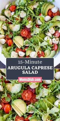 a salad with avocado, tomatoes and other vegetables in it is shown on the table