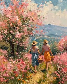 two women walking through a field with pink flowers