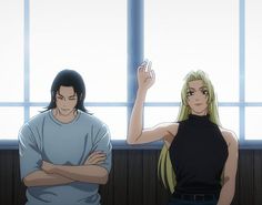 two anime characters standing next to each other with their arms crossed in front of them