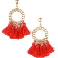 Stud Link Hoop Tassel Earring. Material: Gold, Thread Neon Coral, Tassel Jewelry, Gold Thread, Coral Color, Tassel Earrings, Orange Pink, Pink Orange, Color Orange, Pink And Orange