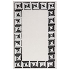 a rug with black and white greek design on the front, featuring an intertwined border