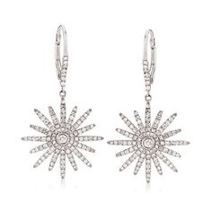 Ross-Simons - .75 ct. t.w. Diamond Starburst Drop Earrings in 18kt White Gold. Shine like a star! Our star drop earrings burst with sparkle with .75 ct. t.w. diamonds in polished 18kt white gold. Hanging length is 1 3/8". Leverback, diamond starburst drop earrings. Diamond birthstones are the perfect gift for April birthdays. Drop Earrings Diamond, Star Drop Earrings, Diamond Star Necklace, Shine Like A Star, Diamond Birthstone, Earrings Diamond, Natural Gold, Diamond Star, Diamond Drops