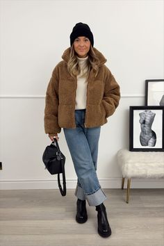 missy_elz on LTK Styling Teddy Jacket, Fuzzy Jean Jacket Outfits, Cropped Teddy Jacket Outfit, Brown Teddy Jacket Outfit, Teddy Jacket Outfit Winter, Brown Teddy Coat Outfit