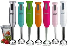 an assortment of colorful hand blenders lined up next to each other